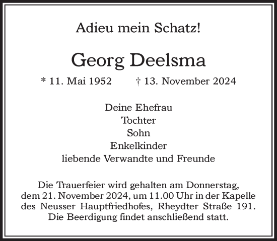 Traueranzeige von Georg Deelsma von Rheinische Post