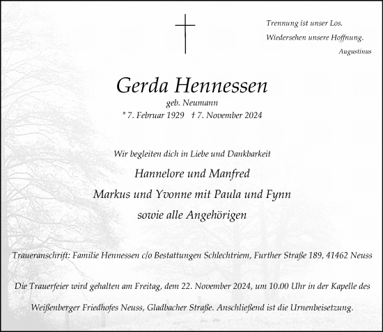 Traueranzeige von Gerda Hennessen von Rheinische Post