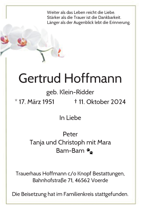 Traueranzeige von Gertrud Hoffmann von Rheinische Post