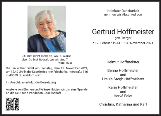 Traueranzeige von Gertrud Hoffmeister von Rheinische Post