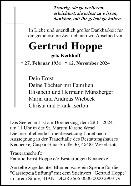 Traueranzeige von Gertrud Hoppe von Rheinische Post