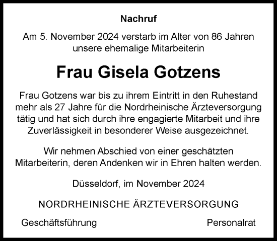 Traueranzeige von Gisela Gotzens von Rheinische Post