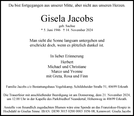 Traueranzeige von Gisela Jacobs von Rheinische Post