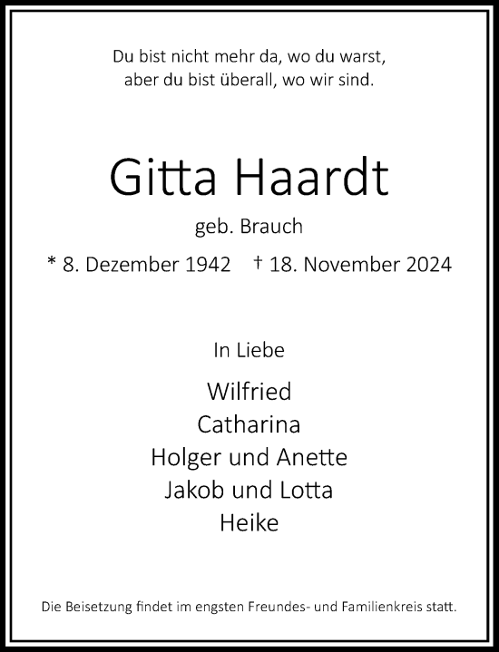 Traueranzeige von Gitta Haardt von Rheinische Post