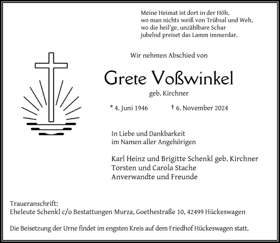 Traueranzeige von Grete Voßwinkel von Rheinische Post