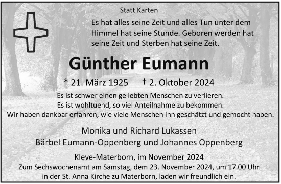 Traueranzeige von Günther Eumann von Rheinische Post