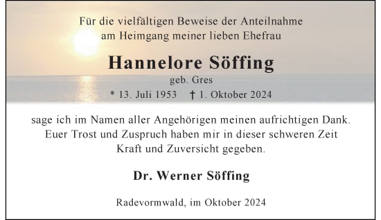 Traueranzeige von Hannelore Söffing von Rheinische Post