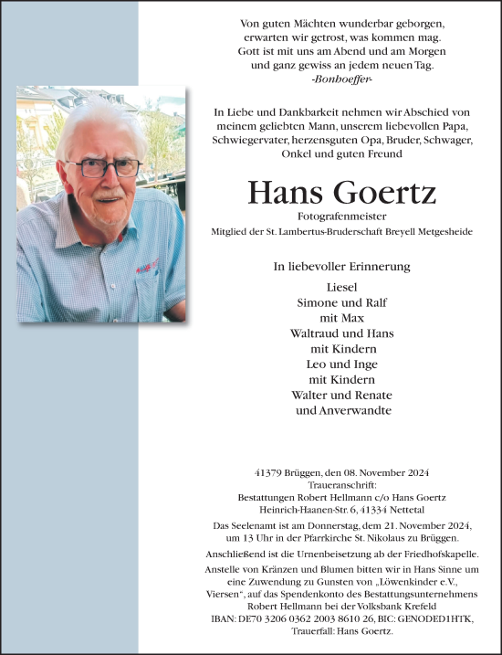 Traueranzeige von Hans Goertz von Rheinische Post