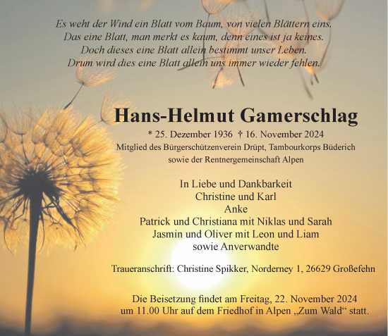 Traueranzeige von Hans-Helmut Gamerschlag von Rheinische Post