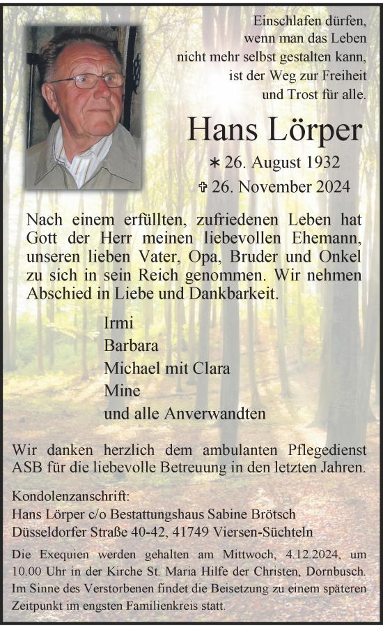 Traueranzeige von Hans Lörper von Rheinische Post