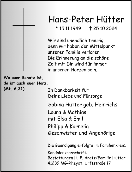 Traueranzeige von Hans-Peter Hütter von Rheinische Post