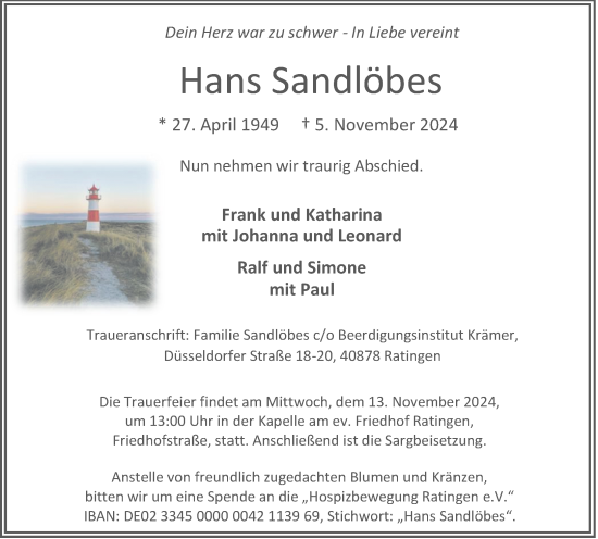 Traueranzeige von Hans Sandlöbes von Rheinische Post