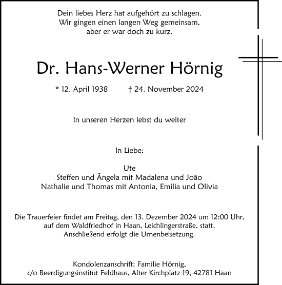 Traueranzeige von Hans-Werner Hörnig von Rheinische Post