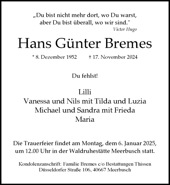 Traueranzeige von Hans Günter Bremes von Rheinische Post