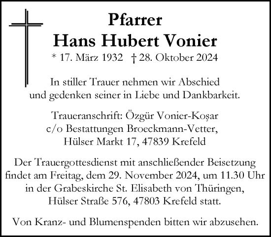 Traueranzeige von Hans Hubert Vonier von Rheinische Post