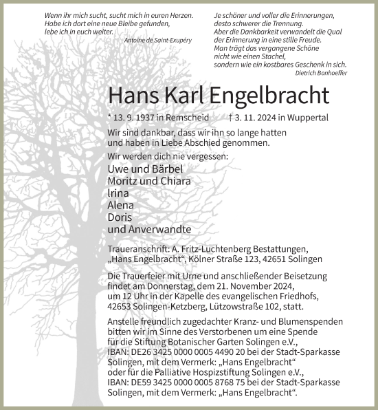 Traueranzeige von Hans Karl Engelbracht von Rheinische Post