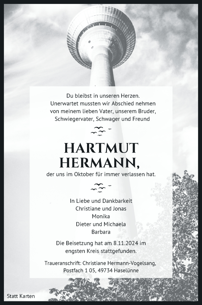  Traueranzeige für Hartmut Hermann vom 16.11.2024 aus Rheinische Post