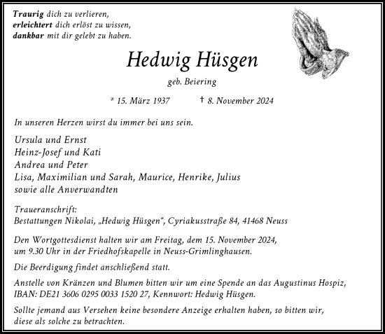 Traueranzeige von Hedwig Hüsgen von Rheinische Post