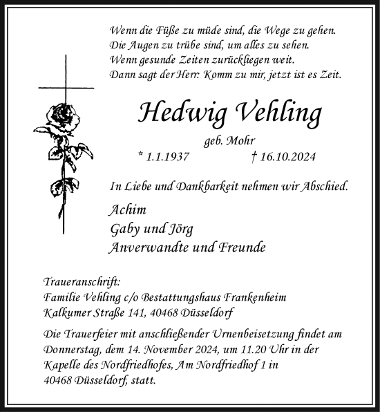 Traueranzeige von Hedwig Vehling von Rheinische Post