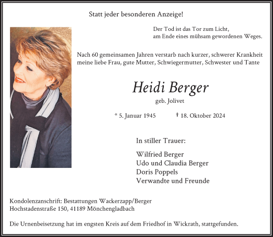 Traueranzeige von Heidi Berger von Rheinische Post