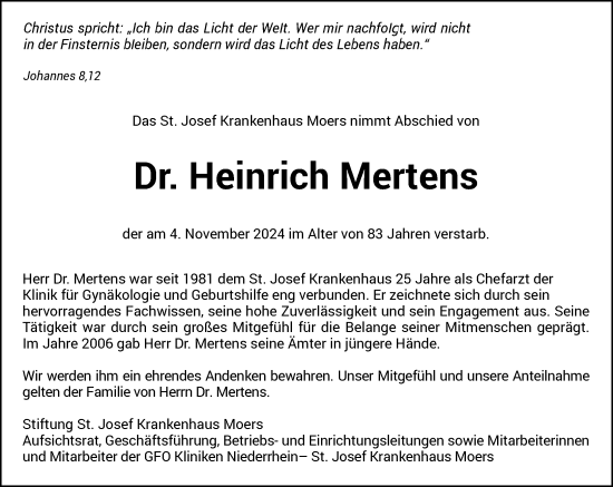 Traueranzeige von Heinrich Mertens von Rheinische Post