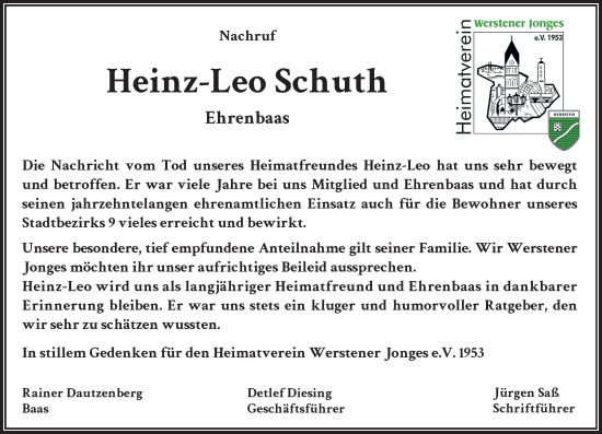 Traueranzeige von Heinz-Leo Schuth von Rheinische Post