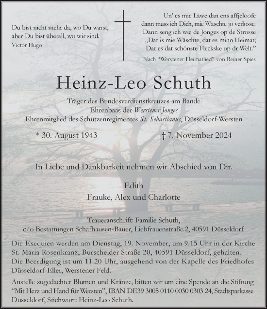 Traueranzeige von Heinz-Leo Schuth von Rheinische Post