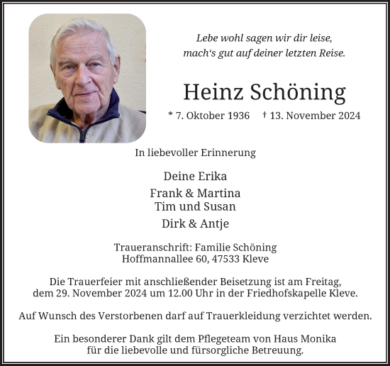 Traueranzeige von Heinz Schöning von Rheinische Post