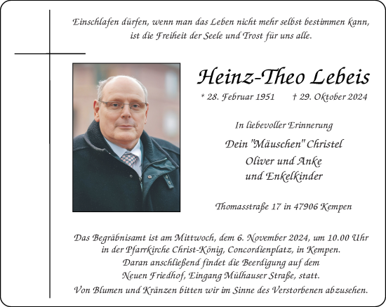 Traueranzeige von Heinz-Theo Lebeis von Rheinische Post