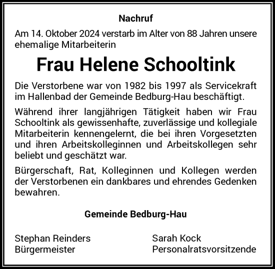 Traueranzeige von Helene Schooltink von Rheinische Post