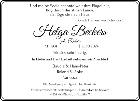 Traueranzeige von Helga Beckers von Rheinische Post