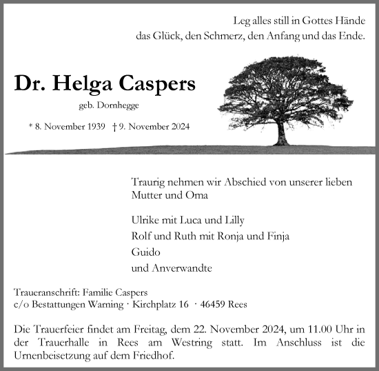 Traueranzeige von Helga Caspers von Rheinische Post