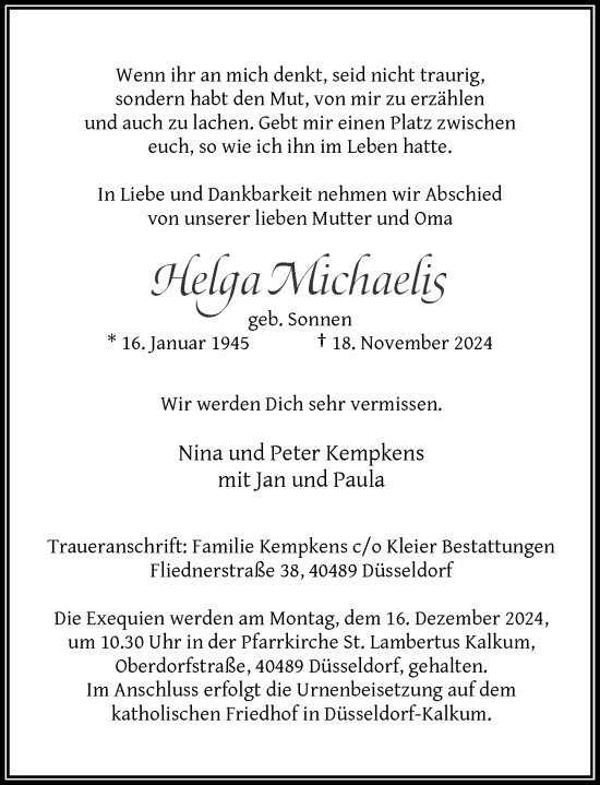 Traueranzeige von Helga Michaelis von Rheinische Post