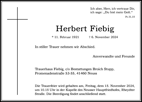 Traueranzeige von Herbert Fiebig von Rheinische Post