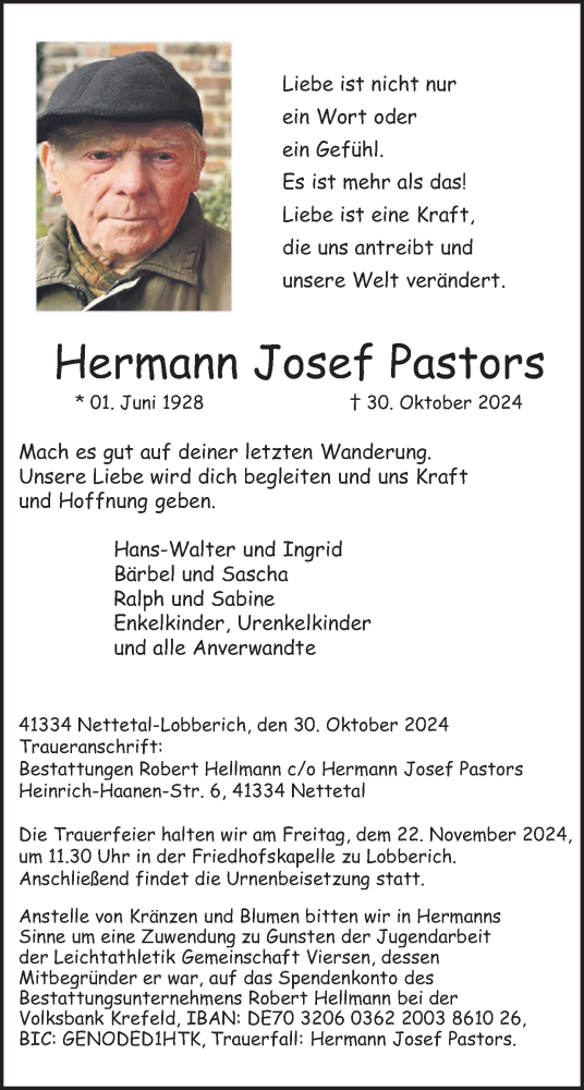 Traueranzeige von Hermann Josef Pastors von Rheinische Post