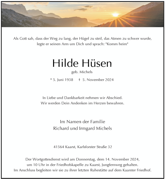 Traueranzeige von Hilde Hüsen von Rheinische Post