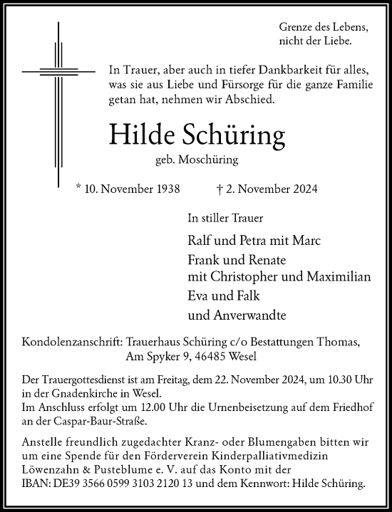 Traueranzeige von Hilde Schüring von Rheinische Post