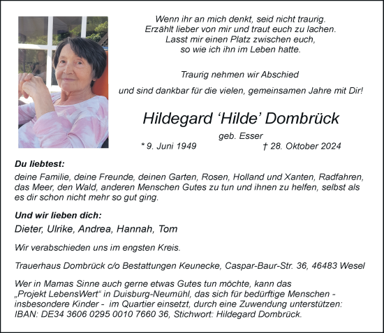 Traueranzeige von Hildegard Dombrück von Rheinische Post