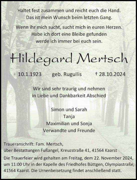 Traueranzeige von Hildegard Mertsch von Rheinische Post