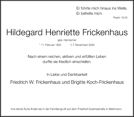 Traueranzeige von Hildegard Henriette Frickenhaus von Rheinische Post