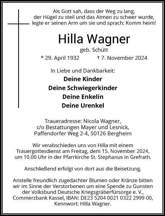 Traueranzeige von Hilla Wagner von Rheinische Post