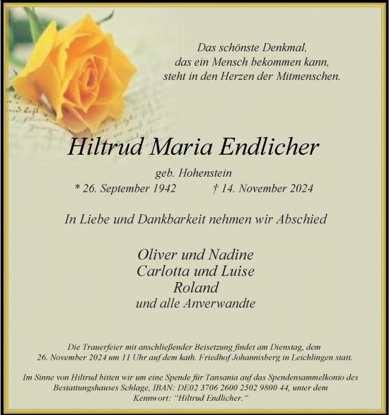 Traueranzeige von Hiltrud Maria Endlicher von Rheinische Post