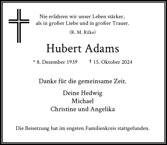 Traueranzeige von Hubert Adams von Rheinische Post