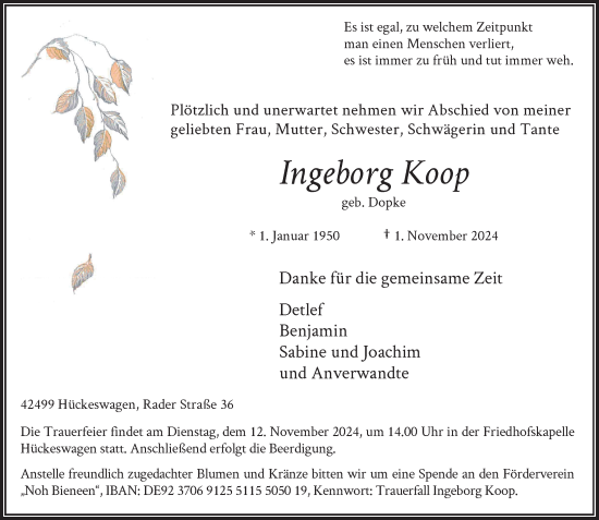 Traueranzeige von Ingeborg Koop von Rheinische Post