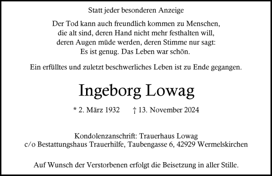 Traueranzeige von Ingeborg Lowag von Rheinische Post