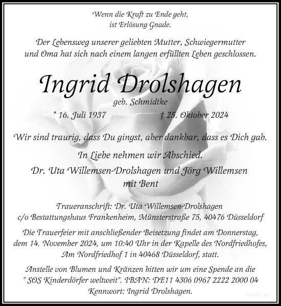 Traueranzeige von Ingrid Drolshagen von Rheinische Post