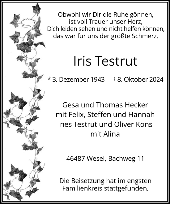 Traueranzeige von Iris Testrut von Rheinische Post