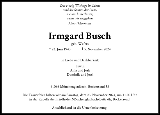 Traueranzeige von Irmgard Busch von Rheinische Post