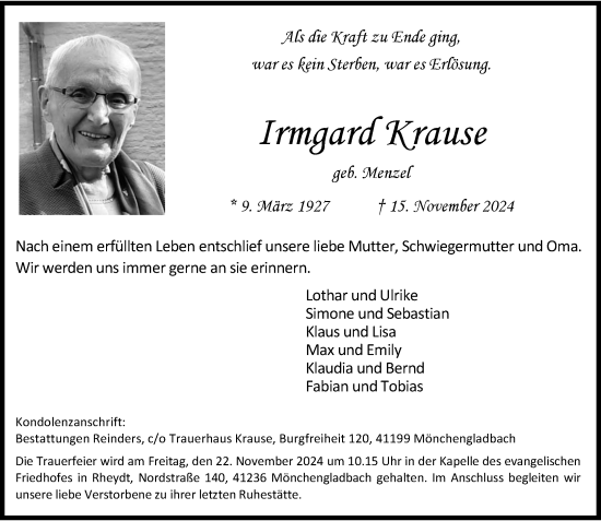 Traueranzeige von Irmgard Krause von Rheinische Post