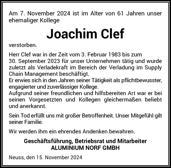 Traueranzeige von Joachim Clef von Rheinische Post